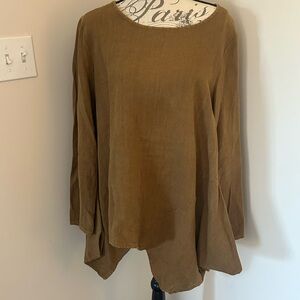 Bryn Walker XL 100% Linen Brown Asymmetrical Tunic Top Lagenlook Art To Wear USA